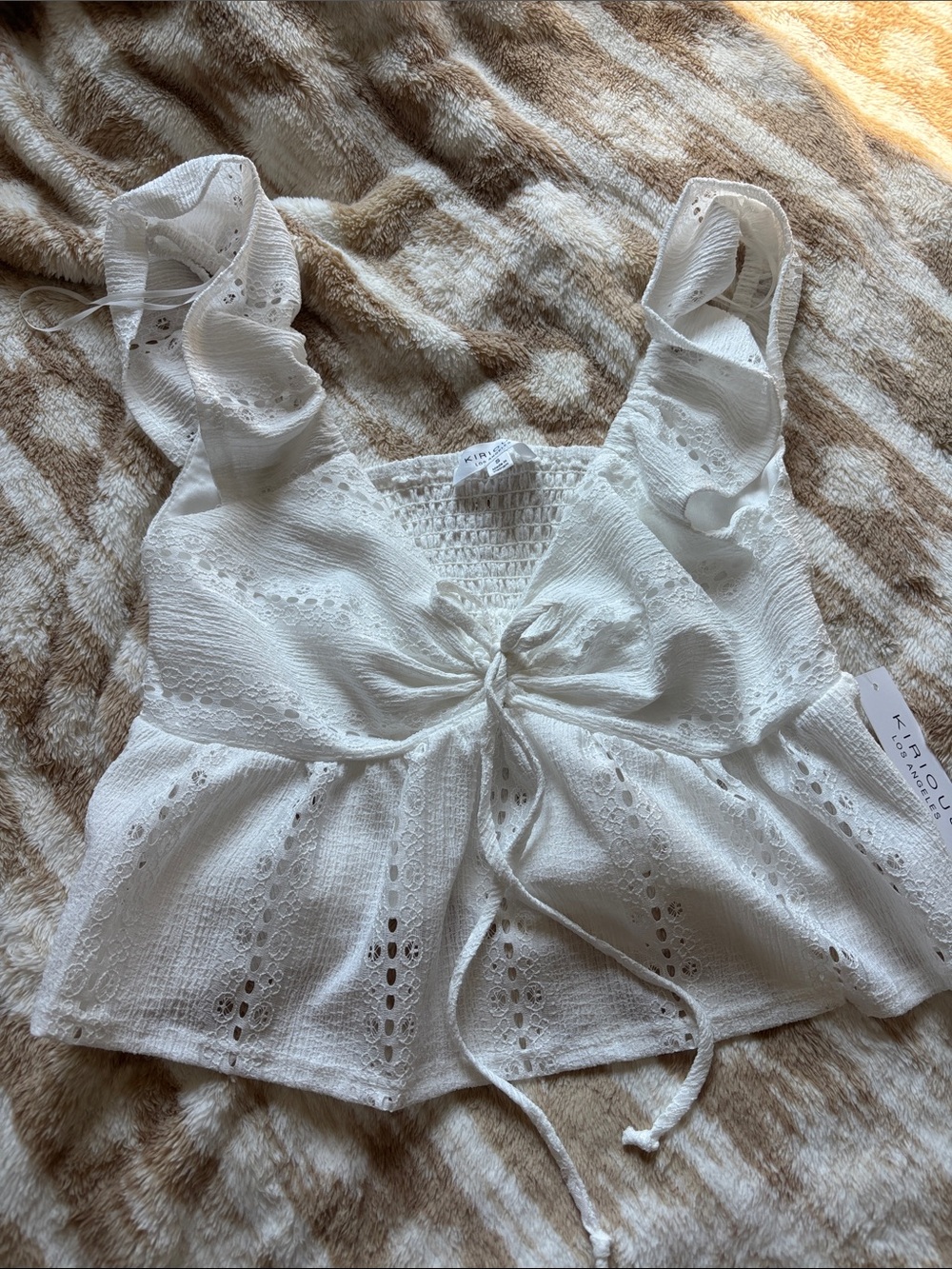 White Eyelet Tie-Front Ruffle Strap Camisole